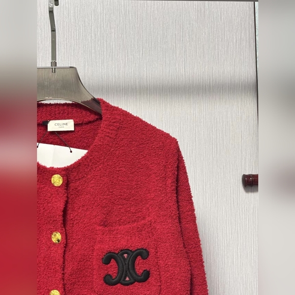 Celine Red Crewneck Stereoscopic Letter Logo Embroidered Knit Cardigan - Picture 5 of 9